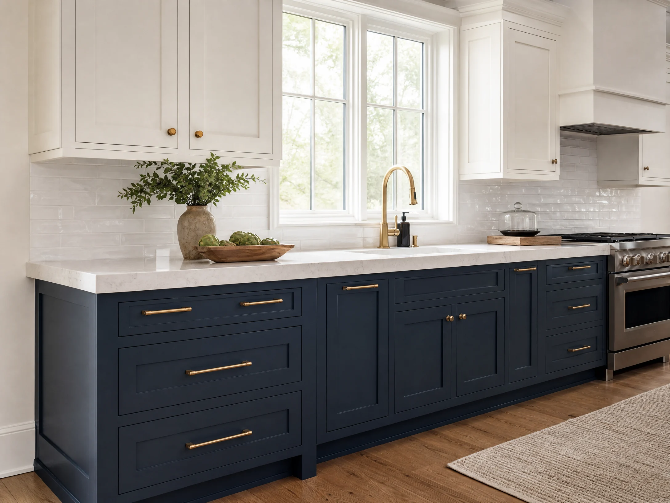 Refinished navy kitchen cabinets with brass hardware